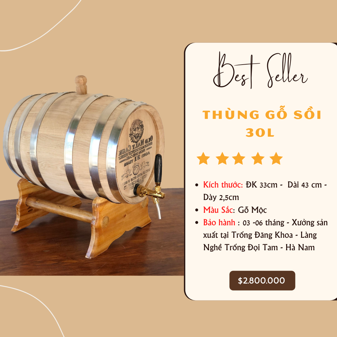 Thùng gỗ sồi 30L Trống Đăng Khoa