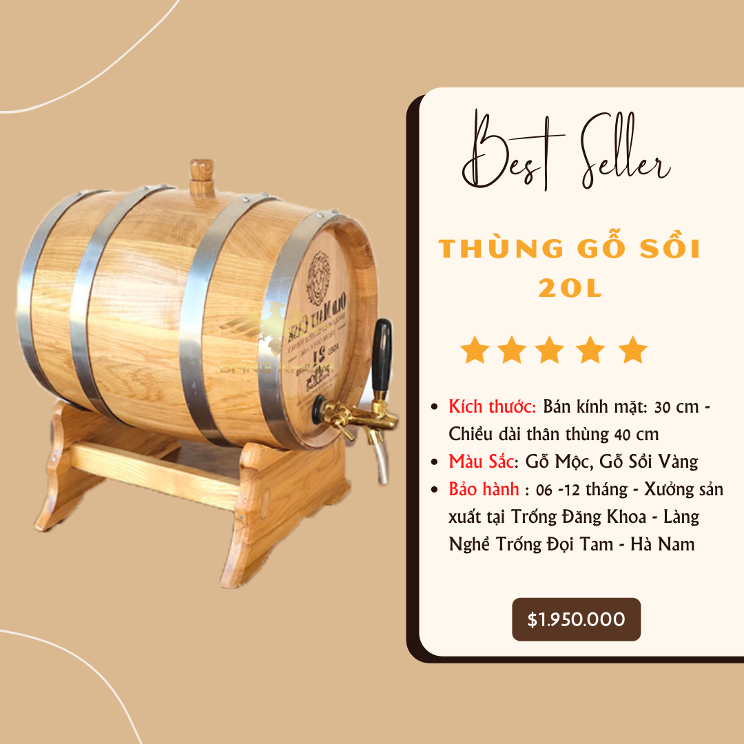 Thùng gỗ sồi 20L Trống Đăng Khoa