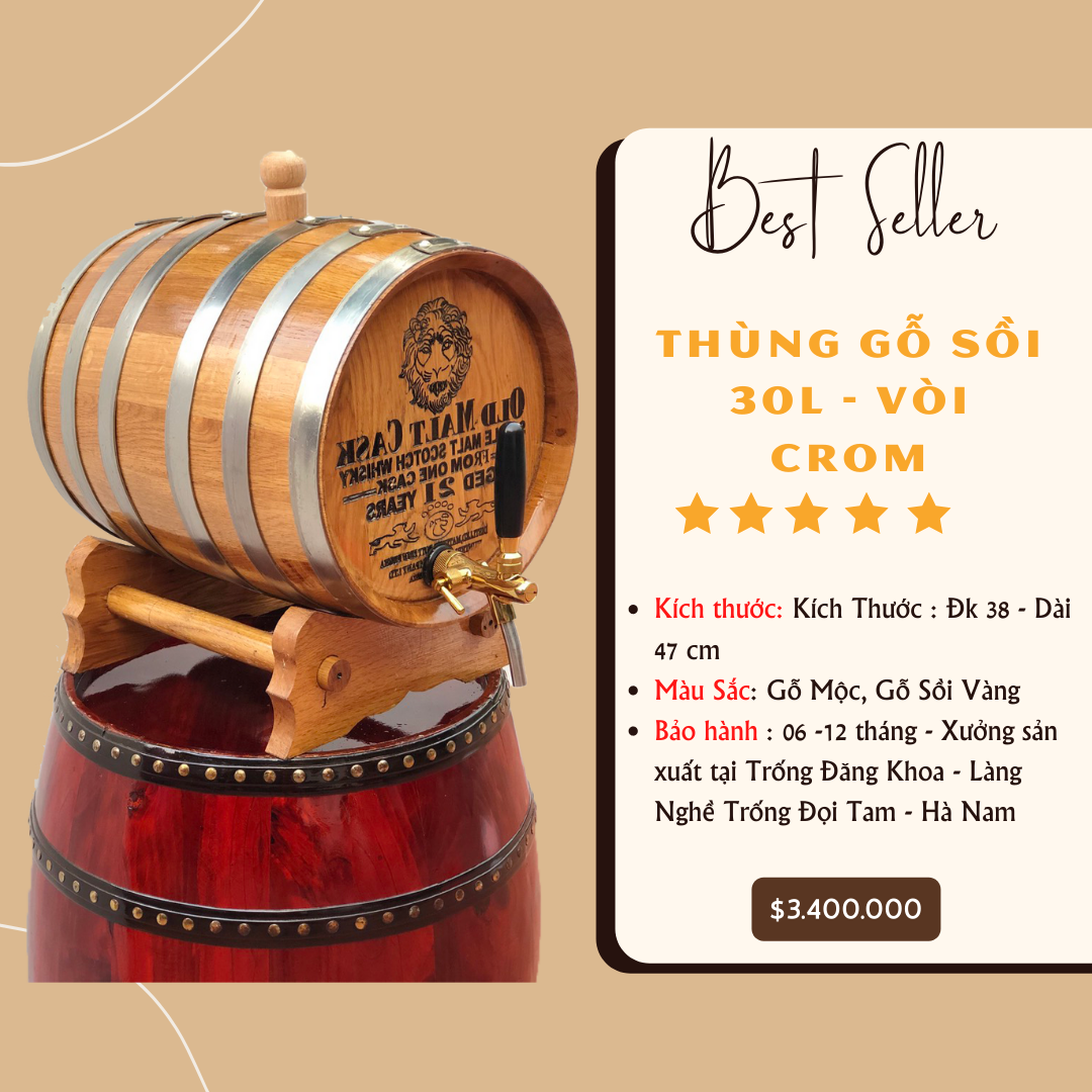 Thùng Gỗ Sồi 30L vòi Crom