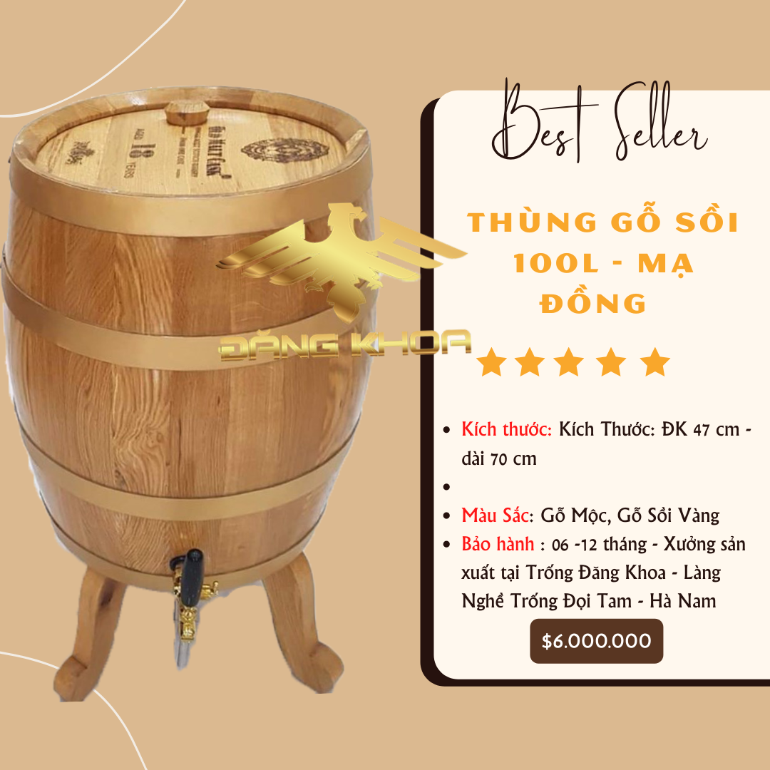 Thùng Gỗ Sồi 100L mạ đồng