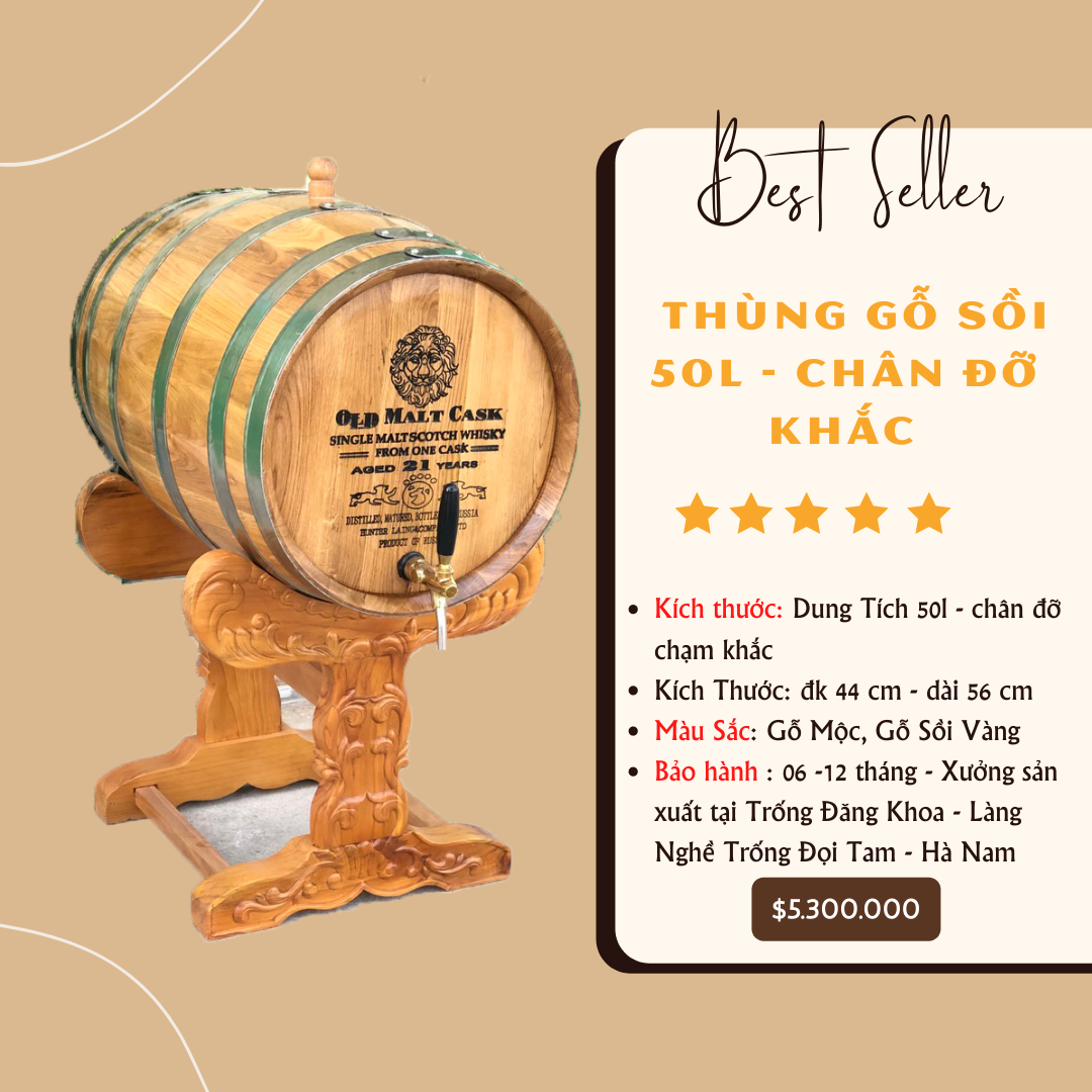 Thùng Rượu Gỗ 50L chân trạm khắc