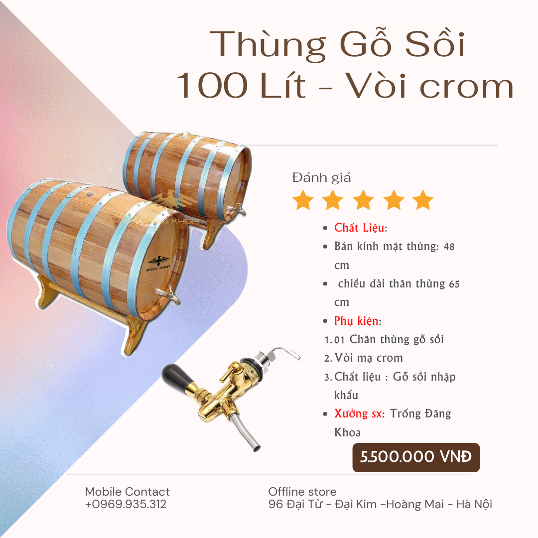 Thùng Ngâm Rượu Sồi 100L